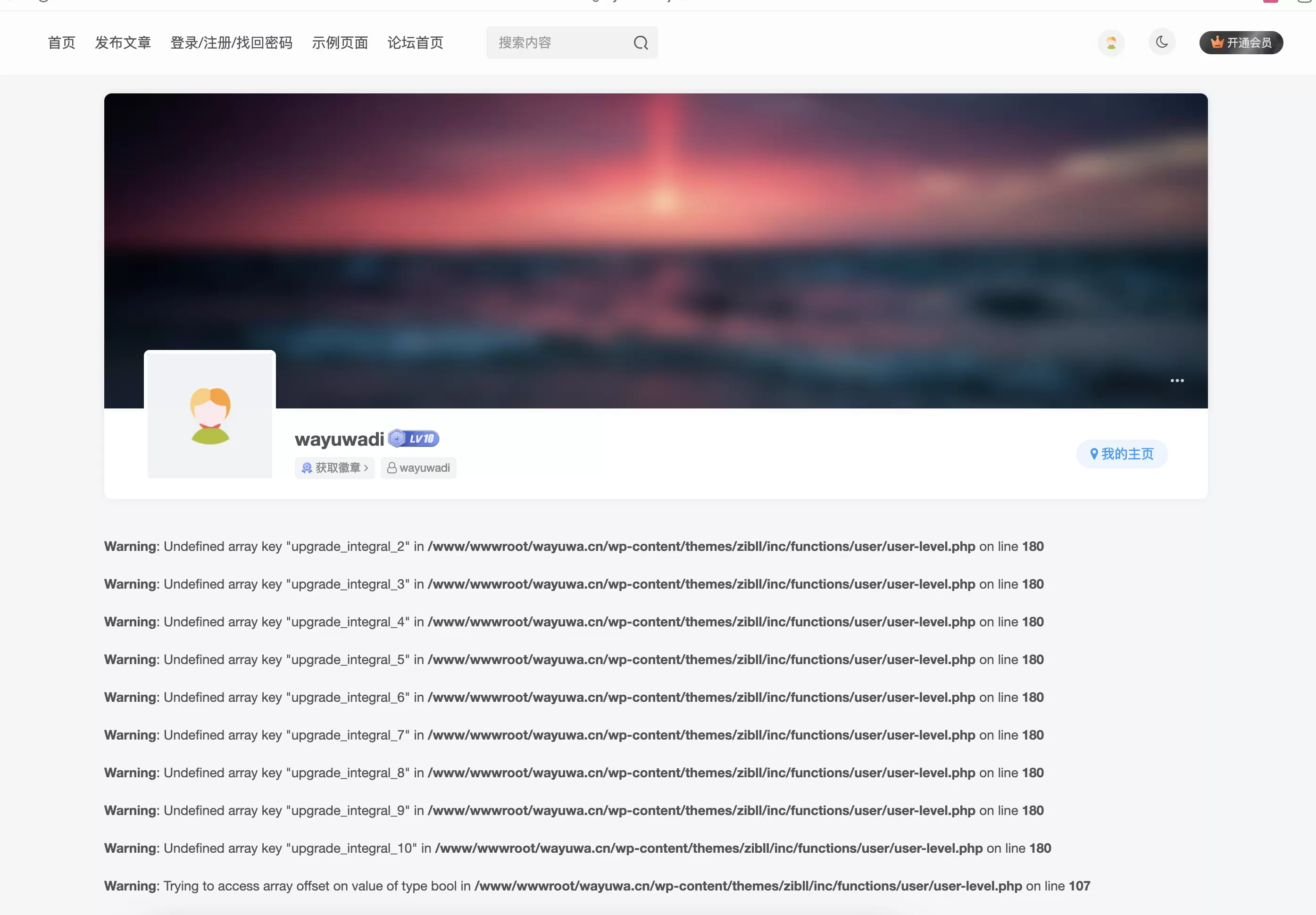 请教一下用户中心报错是什么原因呢？-zibll子比社区
